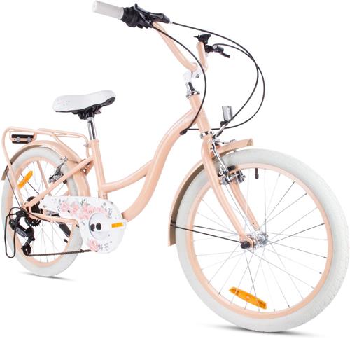 Flower Bike Fiets voor een meisje van 6 tot 10 jaar, 20 inch Abrikoos, 6 versnellingen Shimano, kinderfiets in hoogte verstelbaar