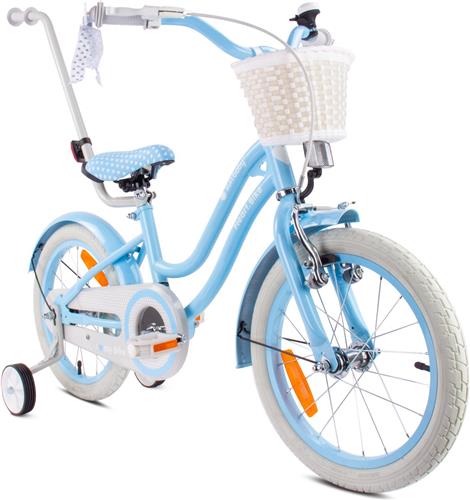 Heart Bike Fiets voor een meisje van 4 tot 6 jaar, 16 inch Silver Moon - Blauw, Wit Goud, met duwstang, mand, bel