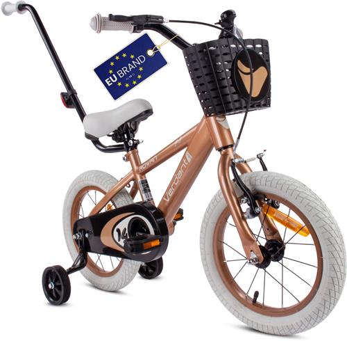 Verdant Bike Kinderfiets voor jongens van 3 tot 5 jaar, 14 inch Cappuccino, leeftijd 3 tot 6 jaar, met zijwieltjes, duwstang, handremm