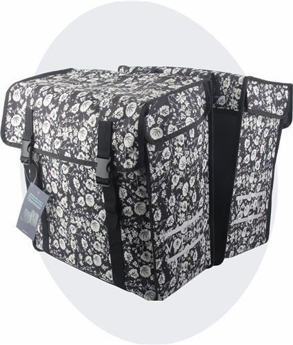 Voltano Dubbele Fietstas XXL - Midnight Blossom - Zwart Met Witte Bloemen - 60 Liter - Waterdicht - Universele bevestiging - Grote Fietstassen Elektrische Fietsen - 43 x 22 x 46 CM