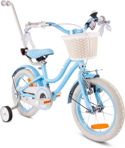 Heart Bike Fiets voor een meisje van 3 tot 5 jaar, 14 inch Silver Moon - Blauw, Wit Goud, met duwstang, mand, bel