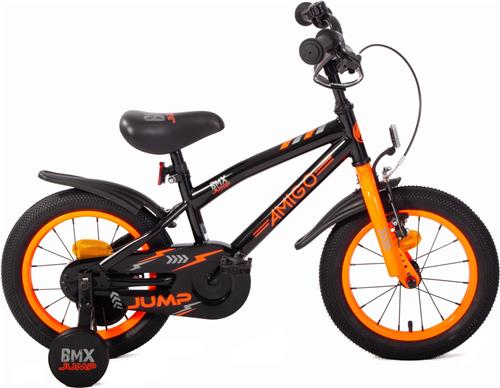 AMIGO BMX Jump Jongensfiets 14 Inch - Kinderfiets voor 3 tot 5 Jaar - 95-110 cm - Met Zijwieltjes - Zwart/Oranje